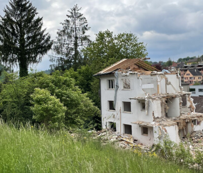 Teilweise eingestuerztes, leerstehendes Gebaeude zwischen Baeumen